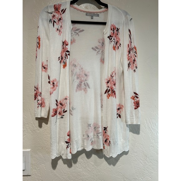 Daniel Rainn Sweaters - Daniel Rainn Womens White Pink Floral Open Front Cardigan Scalloped Hem Small